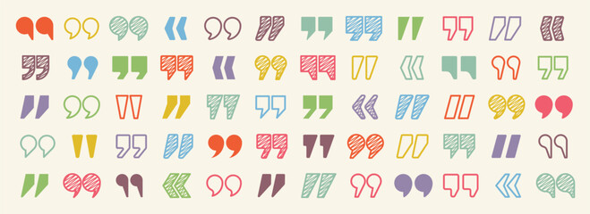 Hatched text quotation marks. Hand drawn quotes icon. Typographic speech mark symbol. Vector illustration. Message or comment. Vector illustration