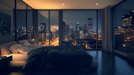 Luxurious penthouse bedroom with a cityscape view at night, gloomy ambiance