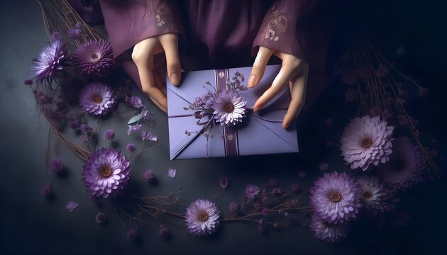 A woman's hands holding a purple envelope surrounded by purple flowers on a dark background