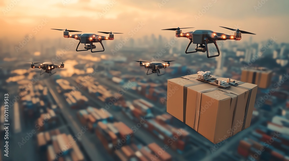 Poster a fleet of drones deliver a package over a cityscape, with the focus on a large package in the foreg