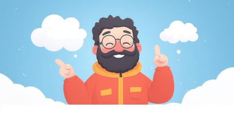 Cheerful man with beard in winter jacket, smiling with snowy background.