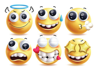 Angel 3d emoji vector characters set. Emojis in kind, happy, blow, dismay, in love and star eye facial expression yellow clip art character in white background. Vector illustration angel emoji 
