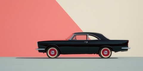 Classic black car with red rims against a colorful abstract background.