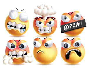 Annoying emoji emoticon vector characters set. Annoying emojis with irritating, exploding, angry, furious, mad and insane facial expressions yellow emoticons character in white background. Vector 