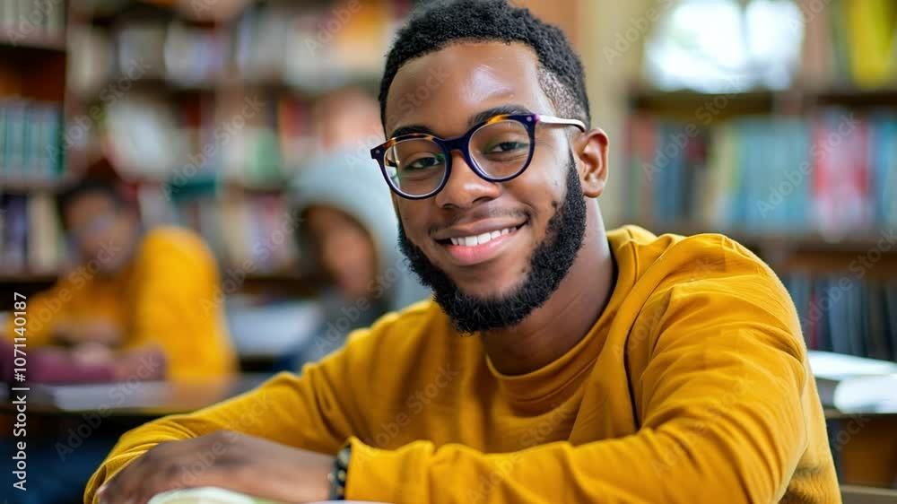 Poster this young man with glasses sits at a desk, smiling while studying in a vibrant library.