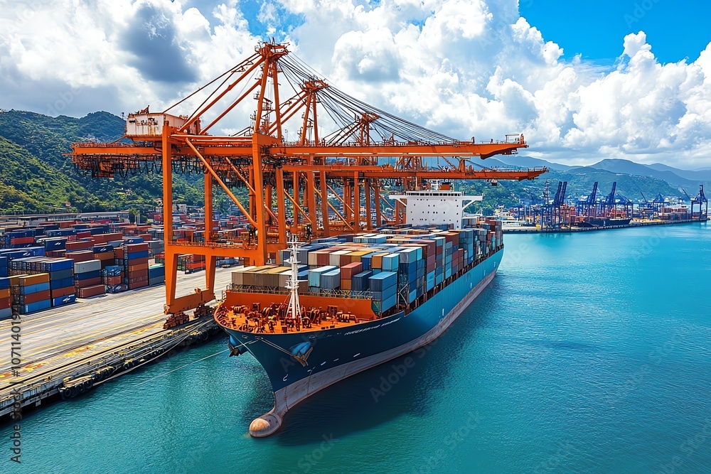 Aufkleber A large container ship is docked at a busy port, with cranes loading and unloading cargo containers.