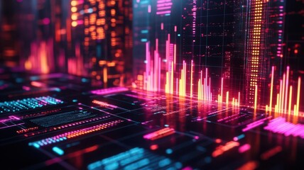 Obraz premium Futuristic marketing report with AIdriven projections, data points, and bright neon highlights for a digital presentation