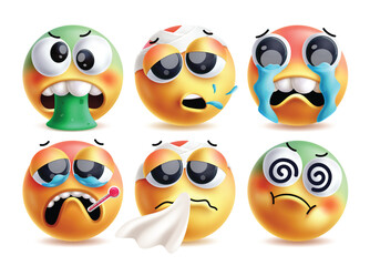 Naklejka premium Sick emoji clipart vector characters set. Illness emojis like vomiting, cough, sob, fever, sneezing and dizziness facial expression 3d characters in white background. Vector illustration sick emojis 