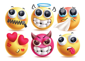 Dumb emoji vector characters set. 3d emojis like quiet, angel, sneezing, in love, devil and tired facial expression clip art character in white background. Vector illustration dumb emojis collection 