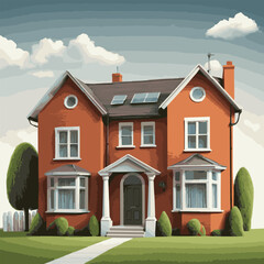 Home facade with doors and windows. Suburban American house exterior flat design front view with roof and some trees. Apartment in a townhouse. Modern buildings in a flat style. Vector illustration.