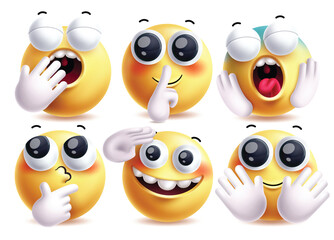 Emoji hands vector characters set. Emojis hand gesture, thinking, salute and waving pose for 3d graphic yellow clip art character. Vector illustration emojis collection set.
