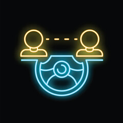 Neon glowing icon of businessmen sharing resources for a project development, teamwork and brainstorming concept