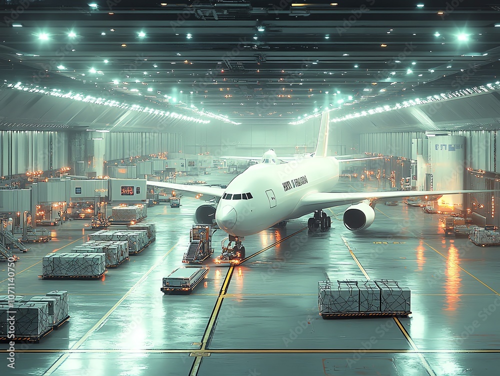 Poster a white airplane is parked in a large hangar with many cargo boxes around it.