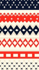 Abstract seamless pattern with geometric shapes in red, white, and blue colors.