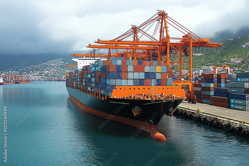 Poster A large container ship is docked at a port, with cranes loading and unloading containers.