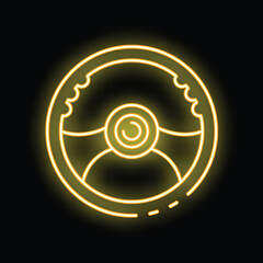 Yellow neon sign of a steering wheel glowing on a black background