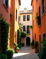 Obraz premium A Mediterranean-style scene is created through the narrow alleyway that connects colorful buildings with palm trees and other plants in the foreground