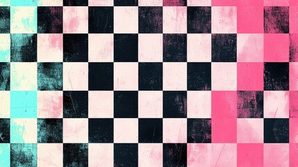 Fototapeta premium Abstract checkered pattern with pink, blue, and black grunge texture.