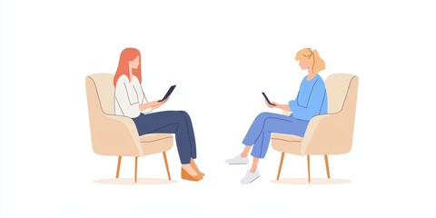Fototapeta premium Two women engaging in a discussion while sitting in modern chairs, utilizing technology, and sharing ideas.