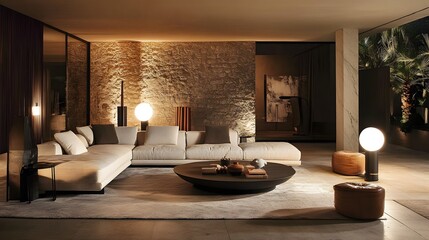 Fototapeta premium Modern living room with stylish sofa, minimalist decor, and cozy lighting