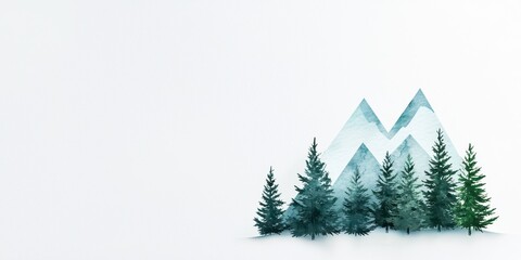 Fototapeta premium Watercolor mountains and evergreen trees on a white background, ideal for nature-themed designs.
