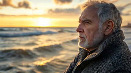 Fototapeta premium Thoughtful Man by the Sea at Sunset