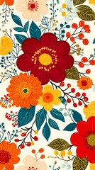 Seamless pattern of colorful flowers, leaves and berries on a white background.