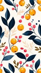 Seamless pattern with blue leaves, orange and pink berries on a white background.