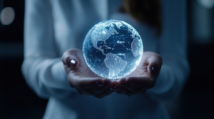 Hands holding a glowing digital globe with network connections