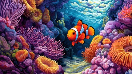 Obraz premium Colorful Coral Reef with Clownfish Underwater Scene