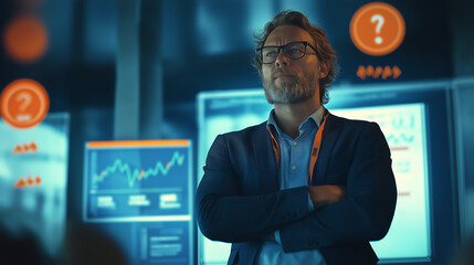 A thoughtful Caucasian male professional stands confidently with arms crossed in a modern office, contemplating data analysis on multiple screens.