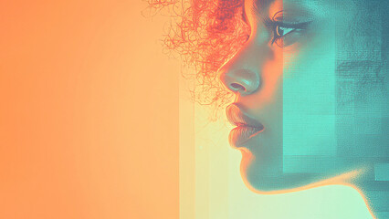 A vibrant modernist-style collage showcasing a woman with curly hair, emphasizing dynamic dimensions and rich colors that reflect contemporary artistic expression