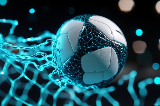 A 3D model of a football being kicked into the goal, with dynamic lighting capturing the movement