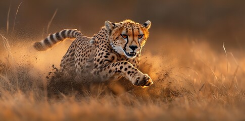 Naklejka premium A cheetah runs through tall grass, kicking up dust with its powerful legs. The cheetah is in focus, while the background is blurred.