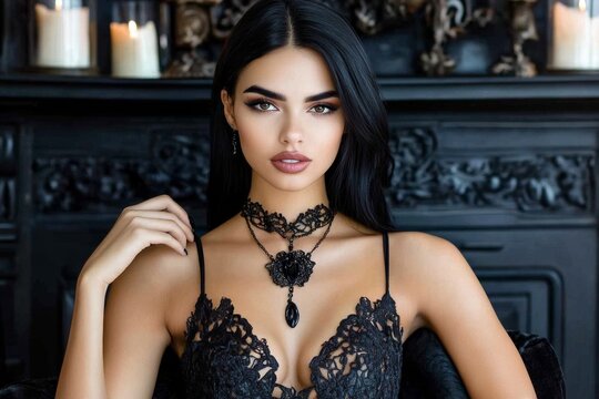 A dark, gothic fashion scene with a model wearing a black velvet dress, lace details, and heavy jewelry