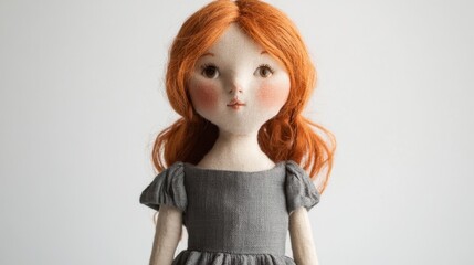 Charming Doll with Red Hair and Gray Dress