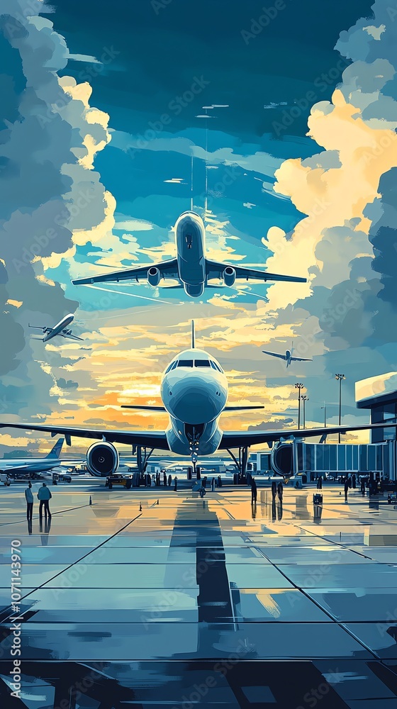 Poster a large airplane on the runway at an airport with multiple planes in the sky above, a beautiful suns