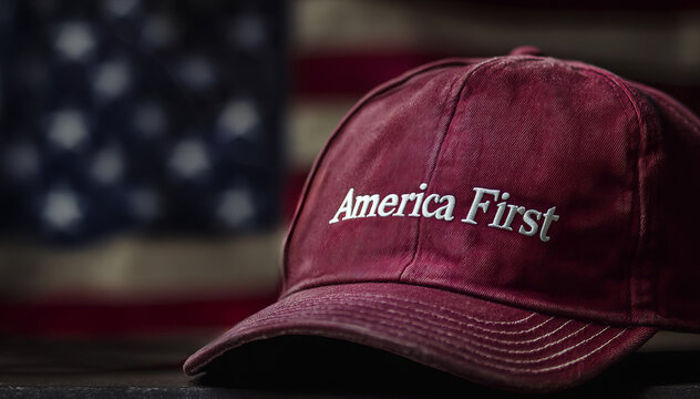 Rote Kappe mit &bdquo;America First&ldquo;-Schriftzug vor US-Flagge.