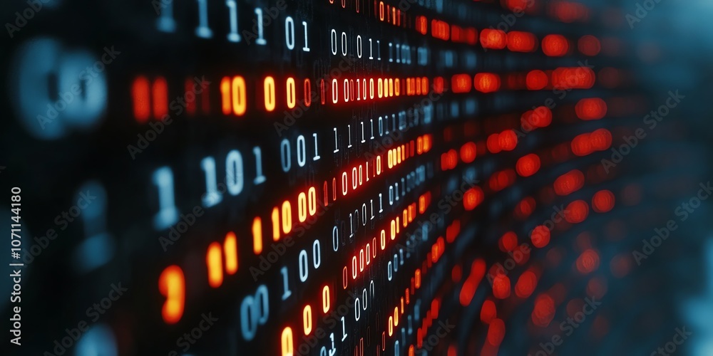 Poster Close-up of binary code with glowing red and blue digits on a dark background.