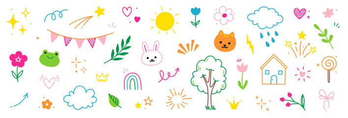 Cute kid icon element line flower, cloud, heart background. Hand drawn doodle cute cartoon scribble element set. Flower, heart, cloud children elements background. Vector illustration