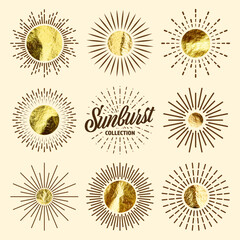 Vintage sunburst, sunset beams. Gold foil, shiny handmade circles. Golden glittering texture, pattern. Hand drawn bursting sun, light rays. Logotype or lettering, retro style. Vector illustration