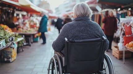 Obraz premium Woman in Wheelchair at Farmer Market in Natural Light