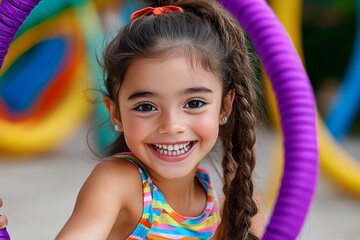 A vintage-inspired image of a girl playing with a hula hoop in a nostalgic backyard scene