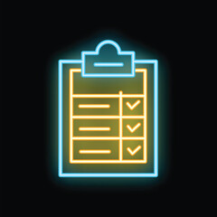 Glowing neon clipboard with checklist and check marks symbolizing completed tasks or finished work