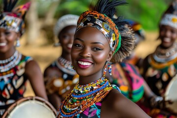 African dancers in traditional attire, performing with drums and vibrant body movements
