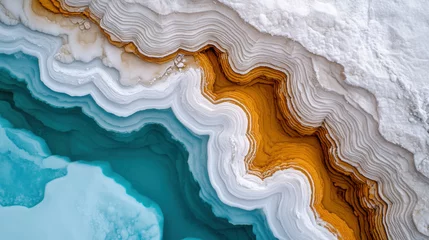 A vibrant cross-section of agate featuring layers of white, orange, and blue, showcasing natural mineral formations and textures.