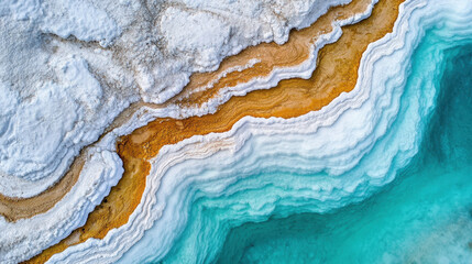 Naklejka premium An aerial view of striking salt formations with layered textures, showcasing vibrant turquoise water and salt deposits along a coastline.