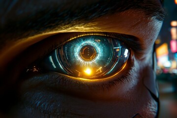 Cybernetic eye with holographic elements and bright, glowing features, in a cyberpunk city