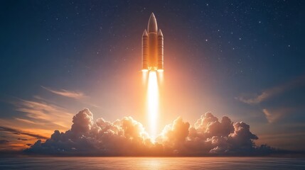 Fototapeta premium Spectacular night rocket launch into a starry sky with illuminated clouds 