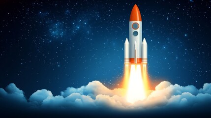 A majestic rocket soaring through the clouds, journey into the depths of space